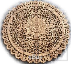 3ft Circle Stained Lotus Teak Wood Carving Home Wall Panel Decor Art Mural gtahy
