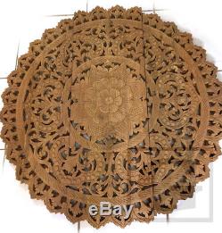 3ft Circle Stained Lotus Teak Wood Carving Home Wall Panel Mural Decor Art gtahy
