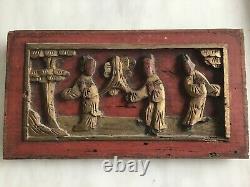 4 Antique Chinese Carved Red Gilt Painted Wood Panels