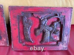 4 Chinese Framed Carved Red Panels of Scenes with figures. 8 x 10.5