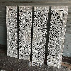 4-Feet Teak Wood Carving Wall Bed Headboard White Wash Floral Art Panel