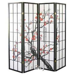 4 Panel 70x70 Shoji Screen Room Divider/Privacy Wall-Plum Blossom, Black Wood