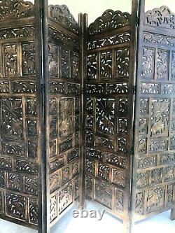 4 Panel Folding screen luxury hardwood hand-Carved Room Divider Elephant Pattern