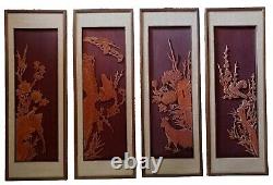 4 Vintage Asian Wall Panels Carved Wood Birds & Foliage Thom Taiwan ROC 12 X 35