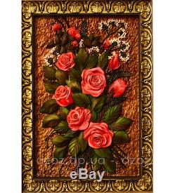 41 Wood Carved painting 3D Roses, picture panel art icon orthodox