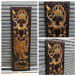 48x13 Angel Teak Wood Carved Collectibles Handicraft Wall Panel Wall Decor Art