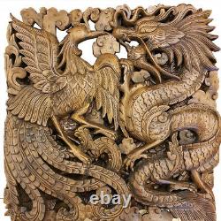 60x60 cm Dragon & Phoenix Wood Hand Carved Panel Plaque Relief Wall Home Decor