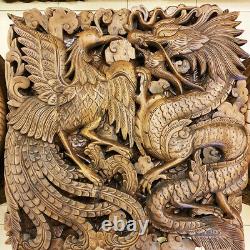 60x60 cm Dragon & Phoenix Wood Hand Carved Panel Plaque Relief Wall Home Decor