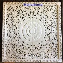72 Large White Carved Headboard Lotus Teak Wood Carving Wall Panel Art Decor 01