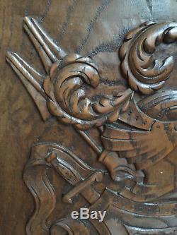 90833 French Antique Carved Wood Archtectural Panel mid age knight 1880s