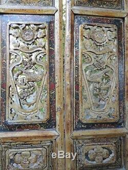 966P. Antique Carved Gold Gilt Wood Panel with two pcs/set Flower / Vase and Bird
