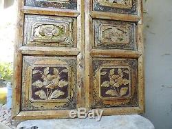 966P. Antique Carved Gold Gilt Wood Panel with two pcs/set Flower / Vase and Bird