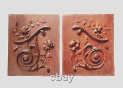 A Pair of 2 Antique Carved Mahogany Wood Panels Cornucopia Flowers Spiral c1900