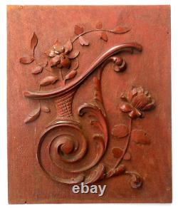 A Pair of 2 Antique Carved Mahogany Wood Panels Cornucopia Flowers Spiral c1900