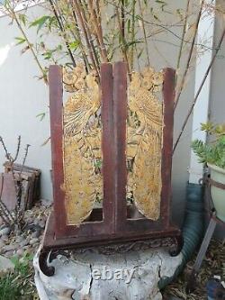 A387P. Antique Carved Gold Gilt Wood Panel two pcs/set with Peacock