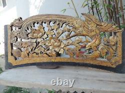 A388P. Antique Carved Gold Gilt Wood Panel two pcs with Phoenix Bird and Flower