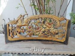 A388P. Antique Carved Gold Gilt Wood Panel two pcs with Phoenix Bird and Flower