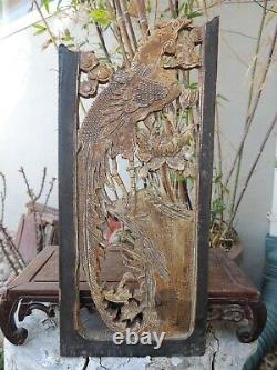 A394. Antique Carved Gold Gilt Wood Panel with Phoenix Bird and Flower