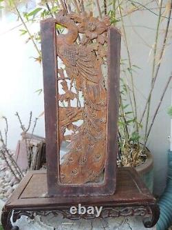 A398. Antique Carved Gold Gilt Wood Panel with Peacock