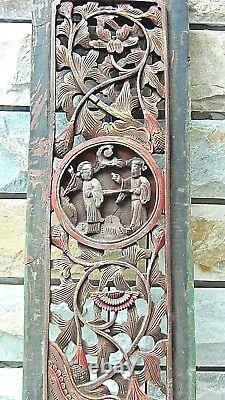 ANTIQUE 18c CHINESE WOOD CARVED TEMPLE PIERCED GILT PLAQUE WITH COURT SCENE #1
