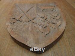 ANTIQUE 1920's CARVED WOOD GOTHIC DESIGN SHIELD SHAPED COAT of ARMS PANEL