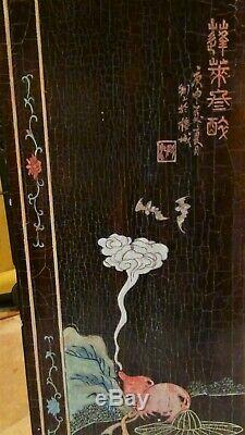 ANTIQUE 19c CHINESE COROMANDEL 4-PANEL WOOD CARVED PAINTED SCREEN WithIMMORTALS