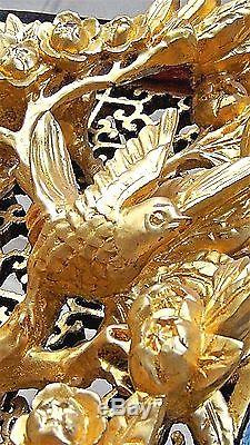 ANTIQUE 19c CHINESE DEEP RELIEF CARVED PIERCED GILT TEMPLE PANEL WithBIRDS&TREES