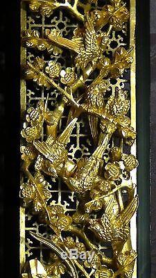 ANTIQUE 19c CHINESE DEEP RELIEF WOOD CARVED PIERCED GILT TEMPLE PANEL WithBIRDS