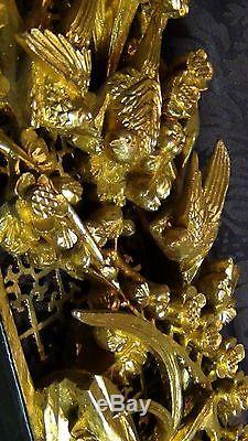 ANTIQUE 19c CHINESE DEEP RELIEF WOOD CARVED PIERCED GILT TEMPLE PANEL WithBIRDS