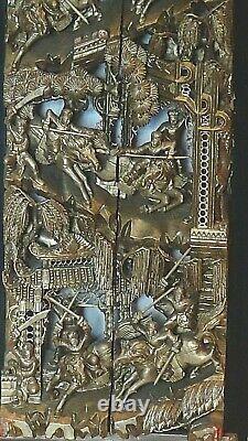 ANTIQUE 19c CHINESE WOOD CARVED GILT LACQUERED PIERCED PANEL, BOTTLE SCENE