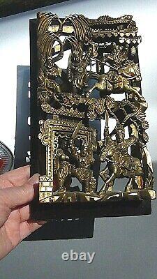 ANTIQUE 19c CHINESE WOOD CARVED GILT LACQUERED PIERCED PANEL, BOTTLE SCENE #2