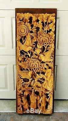 ANTIQUE 19c CHINESE WOOD SOLID PIERCED HAND CARVED PANEL, SUNBIRDS, PEOPLE 41H