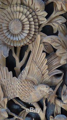 ANTIQUE 19c CHINESE WOOD SOLID PIERCED HAND CARVED PANEL, SUNBIRDS, PEOPLE 41H