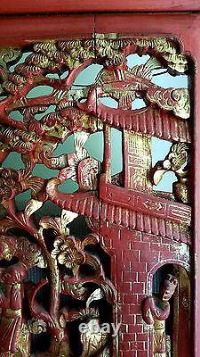 ANTIQUE CHINESE CARVED WOOD Wall Furniture PANEL Gold Red