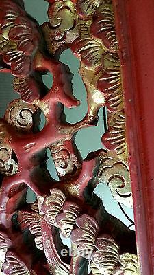 ANTIQUE CHINESE CARVED WOOD Wall Furniture PANEL Gold Red