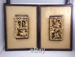 ANTIQUE CHINESE CARVING Wood ART Story Panel 3D Gold Flake Hand Made Decor Pair