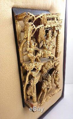 ANTIQUE CHINESE CARVING Wood ART Story Panel 3D Gold Flake Hand Made Decor Pair
