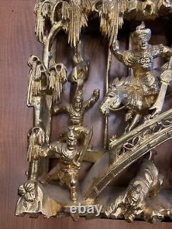 ANTIQUE CHINESE GILT WOOD CARVED PANEL Warrior SCENE HIGH RELIF 13 Inches