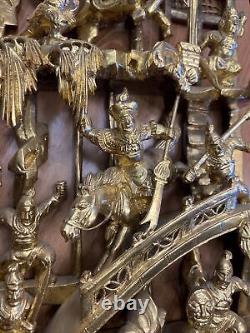 ANTIQUE CHINESE GILT WOOD CARVED PANEL Warrior SCENE HIGH RELIF 13 Inches