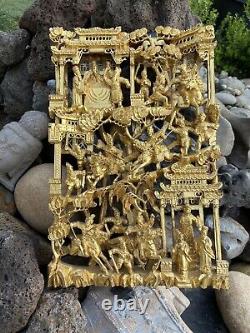 ANTIQUE CHINESE GILT WOOD CARVED PANEL Warrior SCENE HIGH RELIF 18 Inches (46cm)