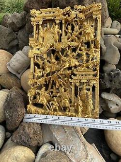 ANTIQUE CHINESE GILT WOOD CARVED PANEL Warrior SCENE HIGH RELIF 18 Inches (46cm)