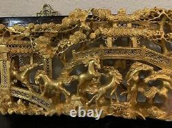 ANTIQUE CHINESE GILT WOOD CARVING PANEL WITH Trees and Horses