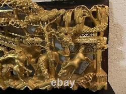 ANTIQUE CHINESE GILT WOOD CARVING PANEL WITH Trees and Horses