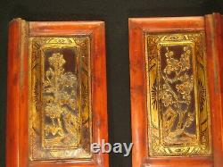 ANTIQUE CHINESE PAIR OF 2 QING DYNASTY 150yrs HAND CARVED PANELS RED BLACK&GOLD