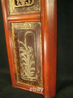 ANTIQUE CHINESE PAIR OF 2 QING DYNASTY 150yrs HAND CARVED PANELS RED BLACK&GOLD