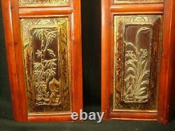 ANTIQUE CHINESE PAIR OF 2 QING DYNASTY 150yrs HAND CARVED PANELS RED BLACK&GOLD