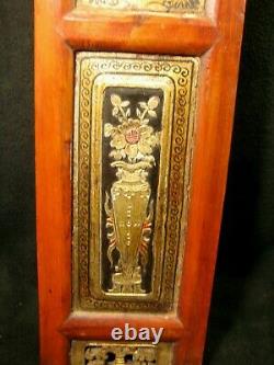 ANTIQUE CHINESE QING DYNASTY 150yrs HAND CARVED WOOD PANEL RED BLACK & GOLD 51