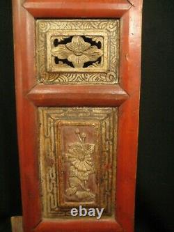 ANTIQUE CHINESE QING DYNASTY 150yrs HAND CARVED WOOD PANEL RED BLACK & GOLD 52