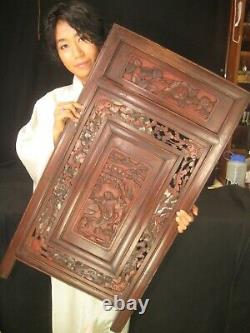 ANTIQUE CHINESE QING DYNASTY 150yrs HAND CARVED WOOD PANEL RED YUMU ELM 19x37