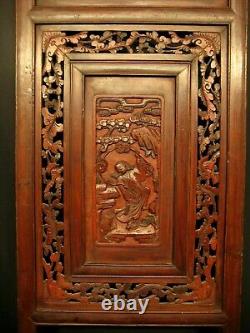 ANTIQUE CHINESE QING DYNASTY 150yrs HAND CARVED WOOD PANEL RED YUMU ELM 19x37